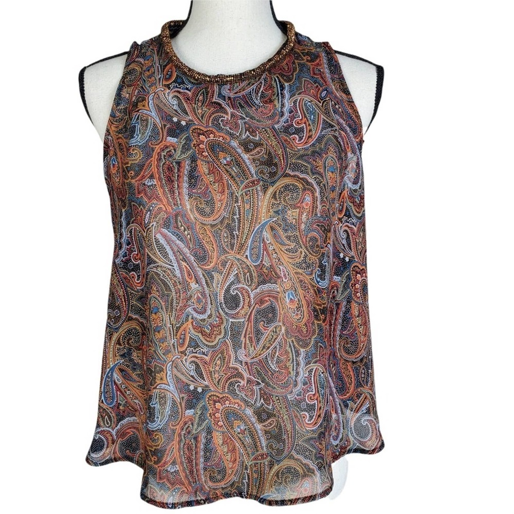 ASTR Paisley Medium Sleeveless Flowy Embellished Neck Top